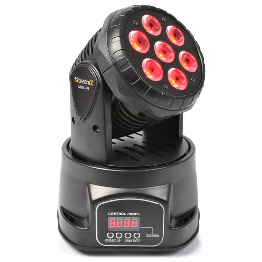 Front view of the MHL74 LED Wash Moving Head with 7x 10W 4-in-1 RGBW LEDs and flexible control options in red.
