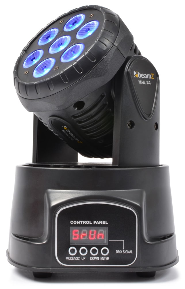 Front view of the MHL74 LED Wash Moving Head with 7x 10W 4-in-1 RGBW LEDs and flexible control options in blue.