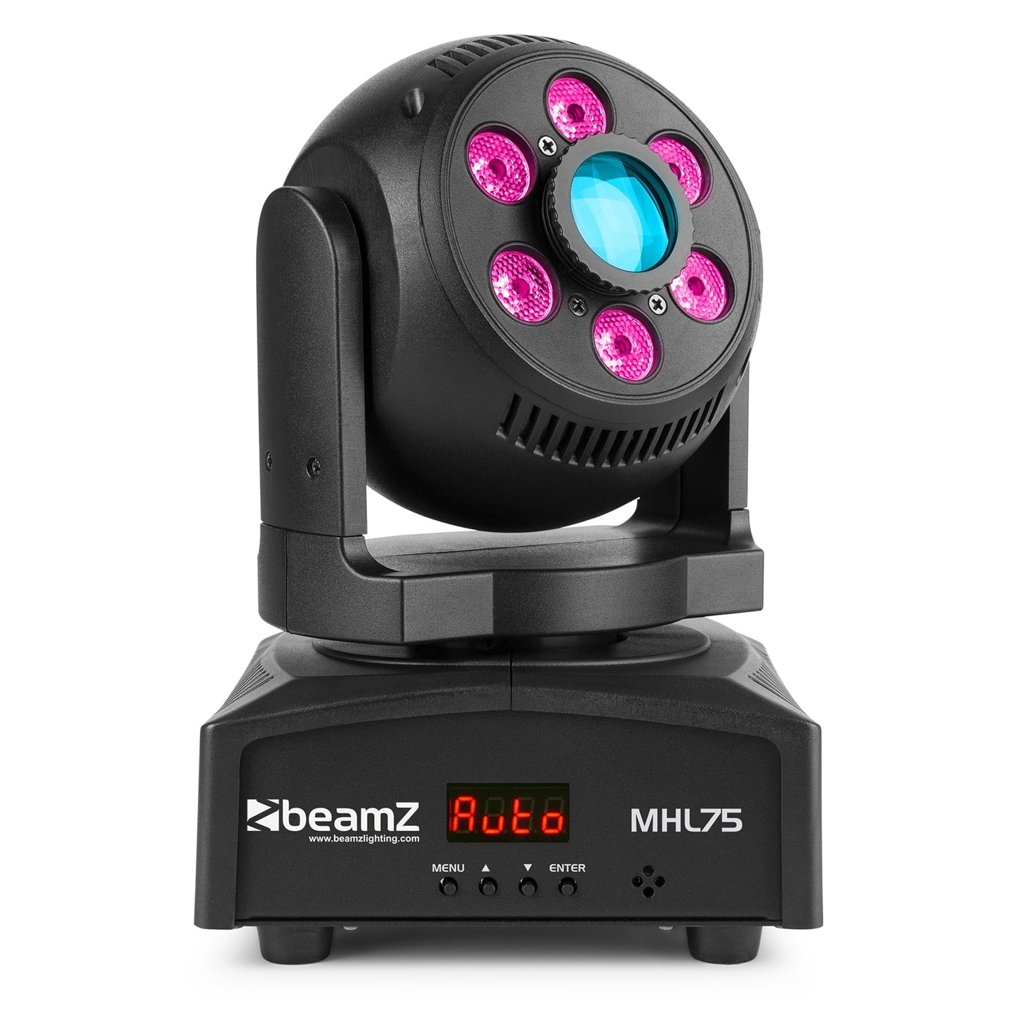 Front view of the MHL75 LED Spot/Wash Moving Head with 30W white LED and 6x 8W RGBW wash LEDs 1.