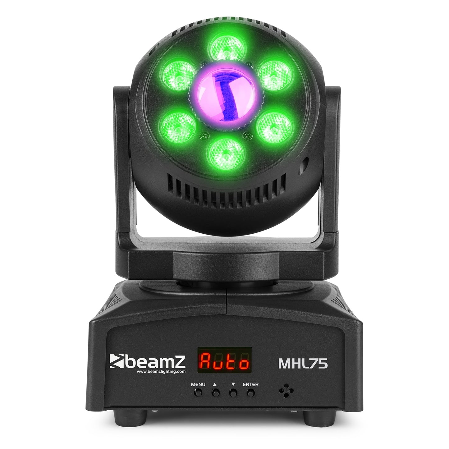 Front view of the MHL75 LED Spot/Wash Moving Head with 30W white LED and 6x 8W RGBW wash LEDs 3.