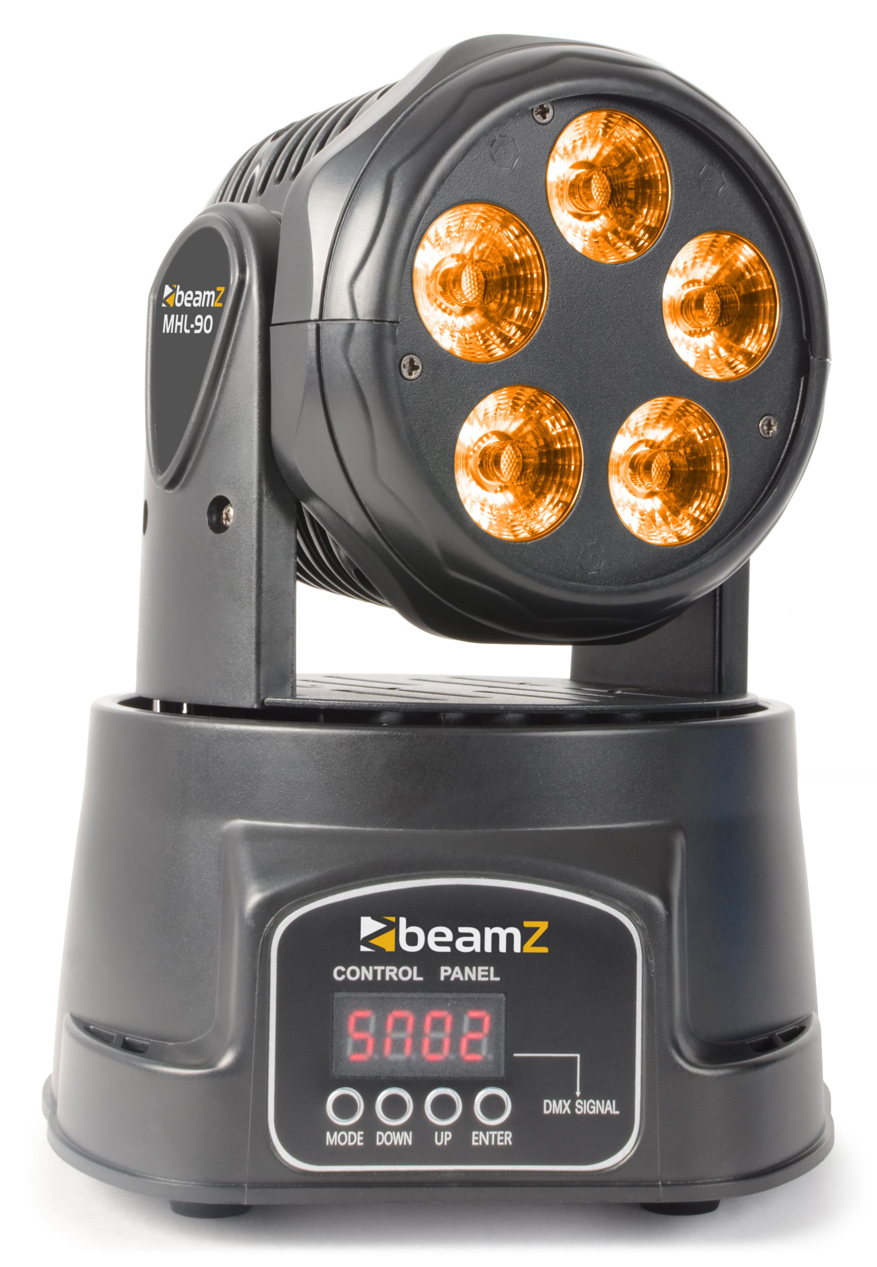 Front view of the BeamZ MHL90 LED Wash Moving Head with 5x18W 6-in-1 LEDs and RGBAW-UV color mixing in Orange.