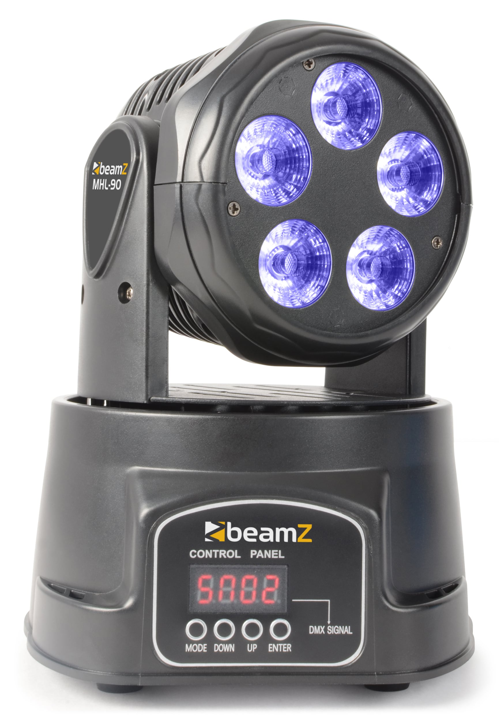 Front view of the BeamZ MHL90 LED Wash Moving Head with 5x18W 6-in-1 LEDs and RGBAW-UV color mixing in Blue.