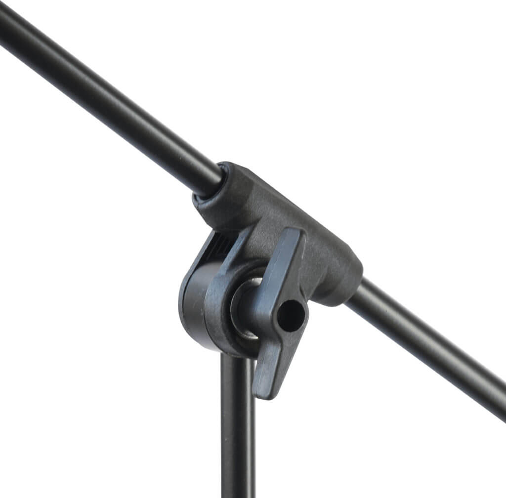 Athletic microphone floor stand made of steel and ABS with a boom arm, suitable for various audio setups.