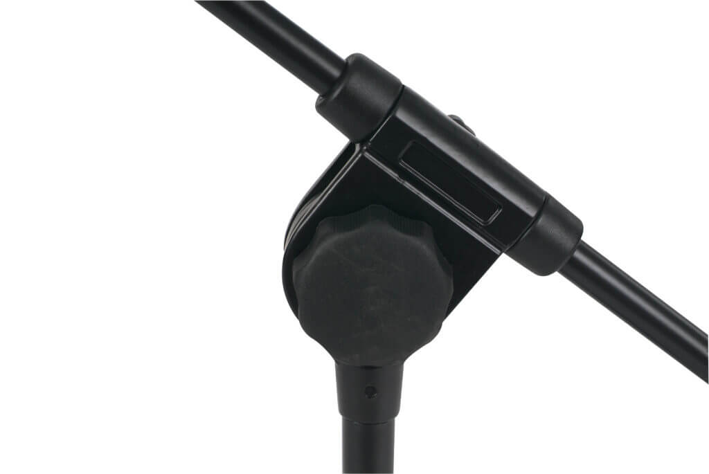 Athletic desktop microphone stand featuring an adjustable boom arm, suitable for various recording setups.