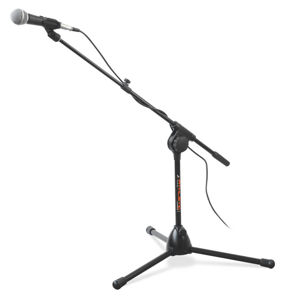Athletic desktop microphone stand with adjustable boom, suitable for various recording setups.