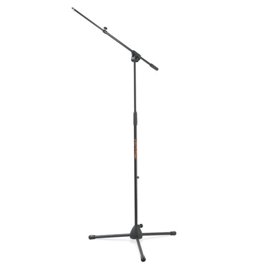 Lightweight and durable athletic microphone floor stand with adjustable boom made of steel and ABS.