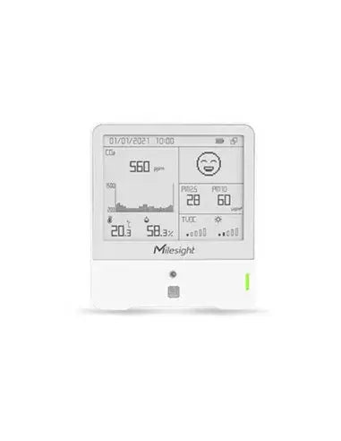 Milesight 8-in-1 Indoor Monitor displaying temperature, humidity, PM2.5 levels, and other air quality metrics.