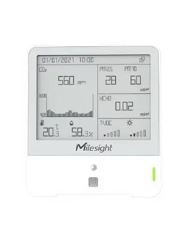 Milesight 9-in-1 Indoor Monitor displaying temperature, humidity, and HCHO levels.