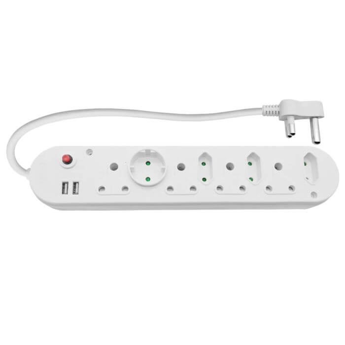 Image of a Multi Plug with 4x16A sockets, 4x5A sockets, and 2 USB ports, measuring 0.5m in length.
