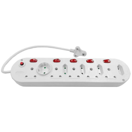 Switched multi plug with 5x16A and 5x5A sockets, 0.5 meter length, suitable for various electrical devices.