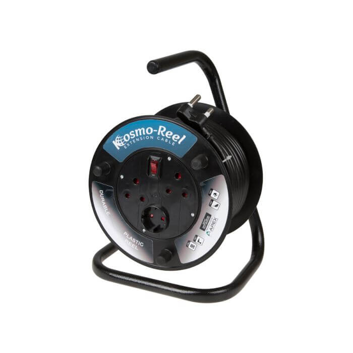 Image of a 20M 10A extension cord on an open plastic reel, showcasing its design and functionality.