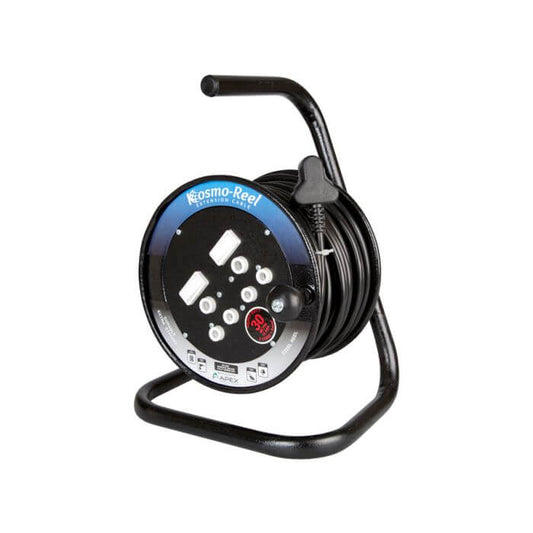 Image of a 30M 16A extension cord on an open metal reel, showcasing its sturdy design and length.