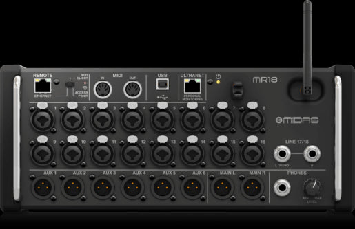 Midas MR18 18-Input Digital Mixer designed for use with iPad and Android tablets, showcasing its sleek design and connectivity options.