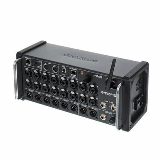 Midas MR18 18-Input Digital Mixer designed for use with iPad and Android tablets, showcasing its sleek design and connectivity options.