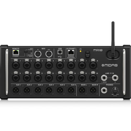 Midas MR18 18-Input Digital Mixer designed for iPad and Android tablets, showcasing its compact design and control interface.