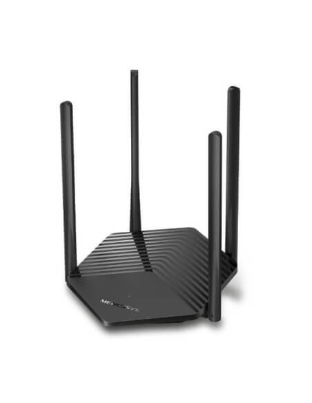 Mercusys MR60X AX1500 Dual-Band Wi-Fi 6 Router with specifications for 300 Mbps at 2.4 GHz and 1201 Mbps at 5 GHz.