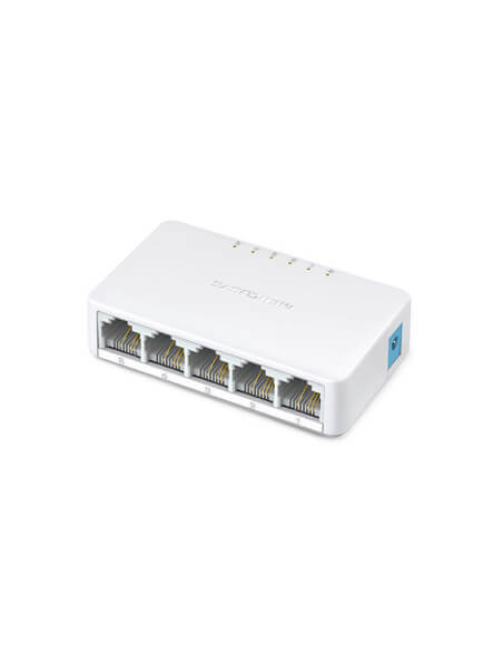 Mercusys MS105 5-Port 10/100Mbps Desktop Switch with a plastic case, featuring five 10/100Mbps ports.