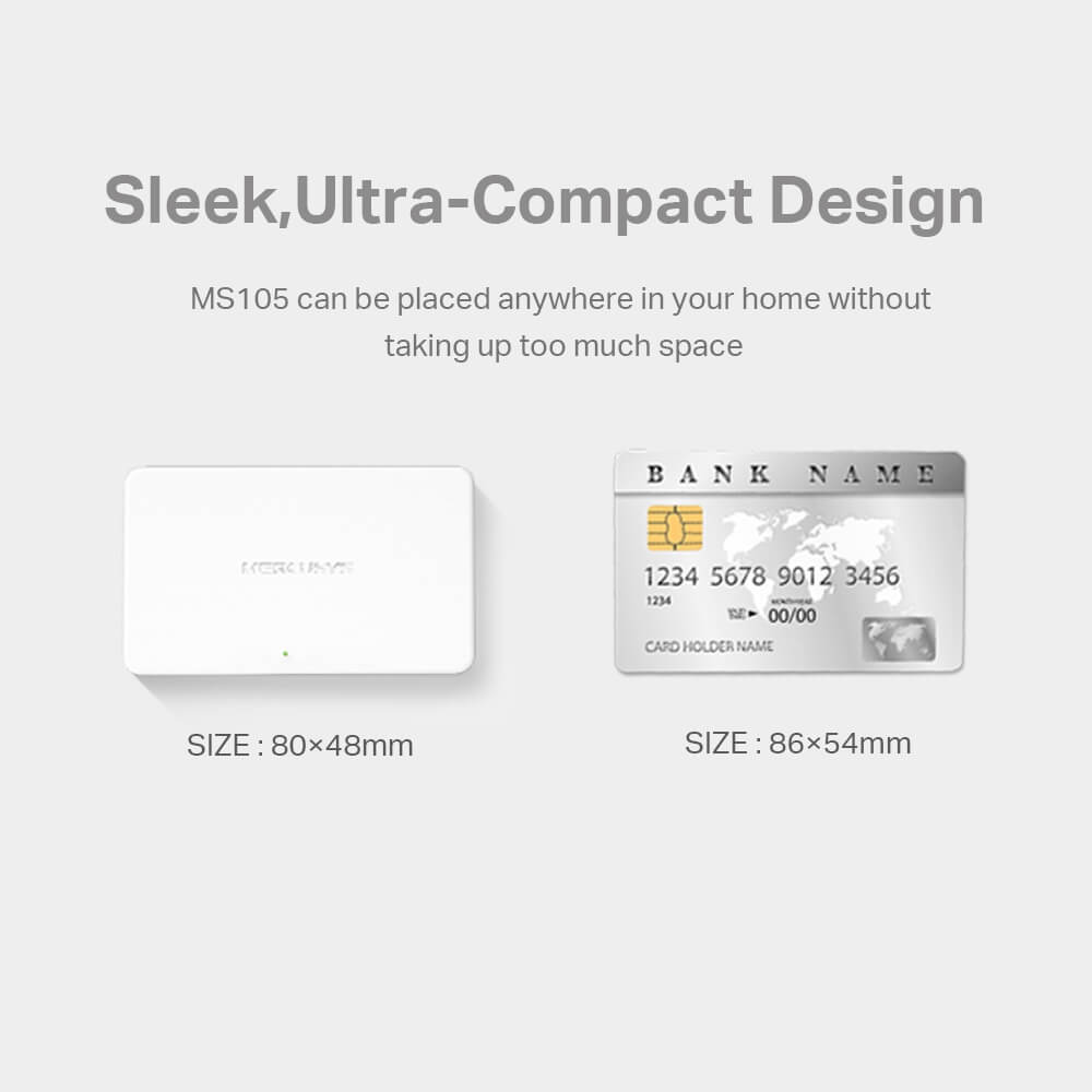 Mercusys MS105 5-Port 10/100Mbps Desktop Switch with five Ethernet ports for network connectivity.