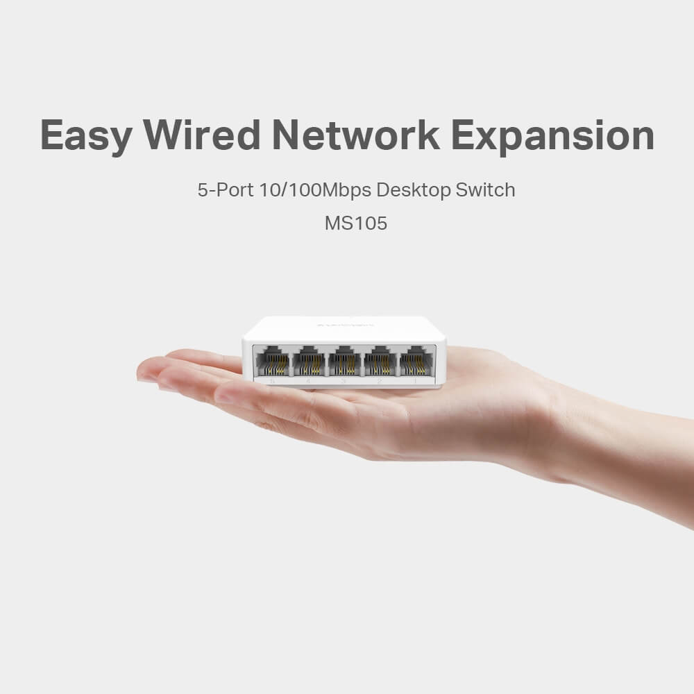 Mercusys MS105 5-Port 10/100Mbps Desktop Switch with five Ethernet ports for network connectivity.