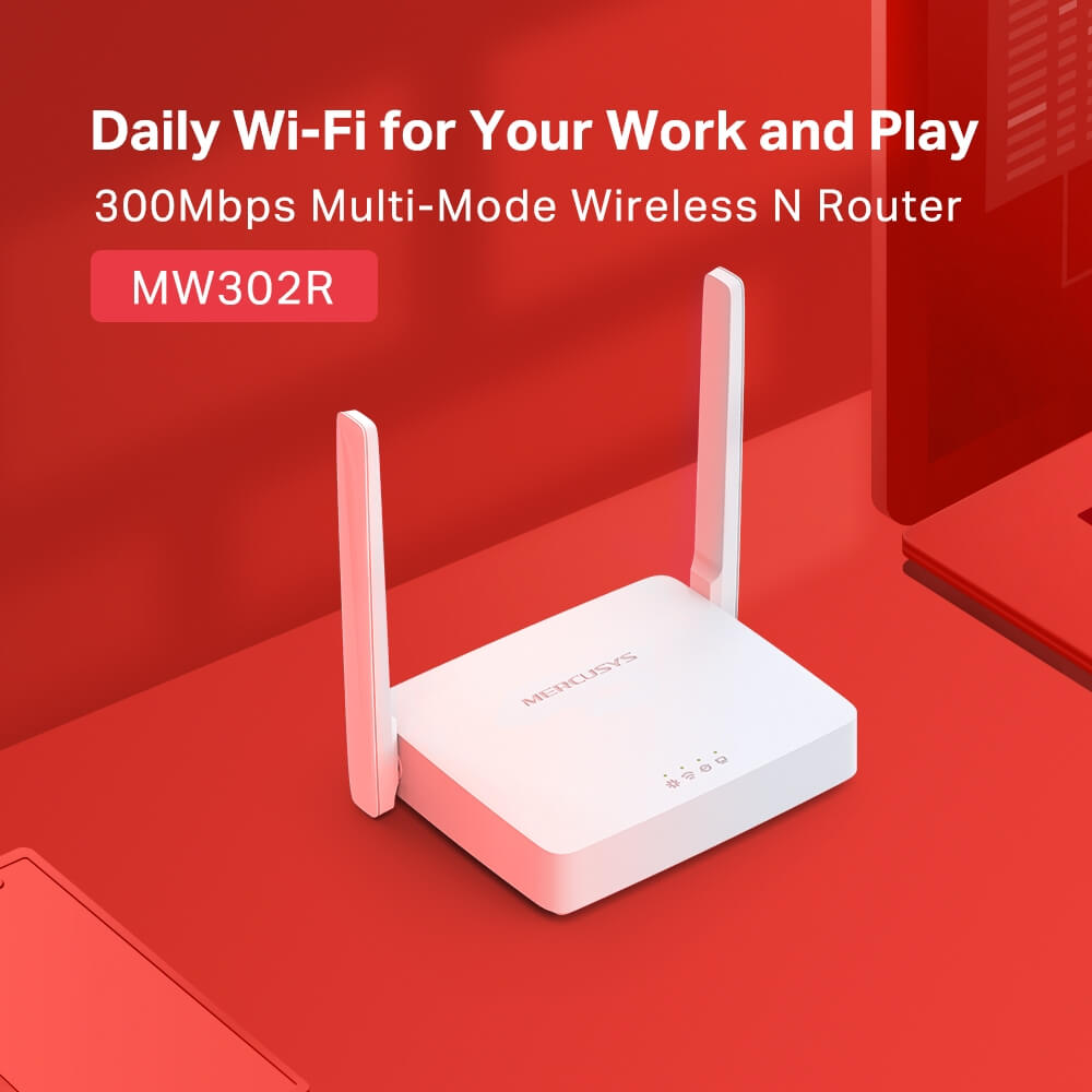 Mercusys MW302R N300 Multi-Mode Wi-Fi Router displayed against a neutral background.
