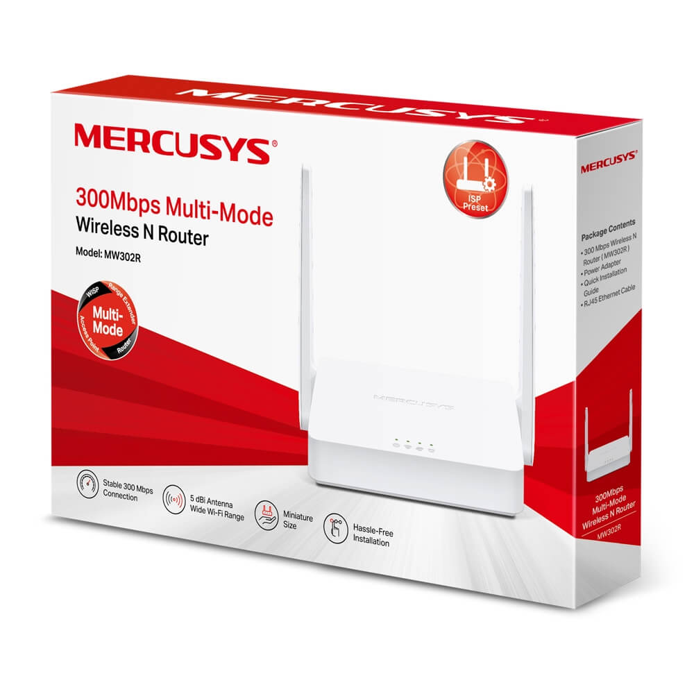 Mercusys MW302R N300 Multi-Mode Wi-Fi Router with a sleek design and multiple connectivity options.