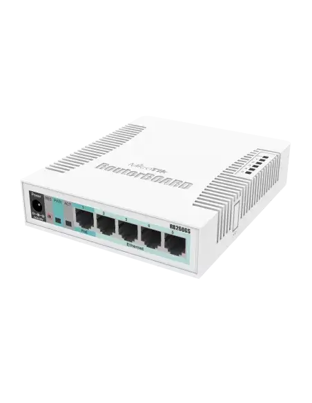 MikroTik RB260GS 5-Port Desktop Switch featuring 5 Gigabit Ethernet ports and 1 SFP port, ideal for network connectivity.