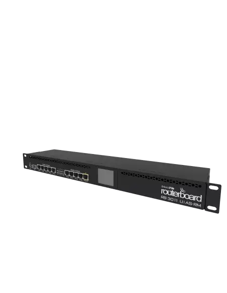 MikroTik RB3011UiAS-RM rack-mount router featuring 10 gigabit ports and 1 SFP port.
