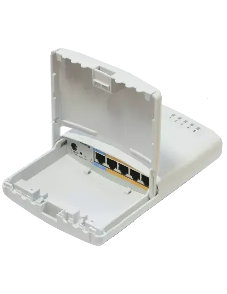 MikroTik PowerBox outdoor PoE router featuring 5 x 10/100 ports, designed for reliable outdoor networking.