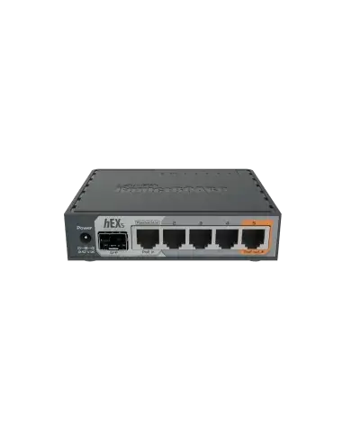 MikroTik hEX S Desktop Router featuring 1 SFP port, 5 Gigabit Ethernet ports, and 1 USB port.