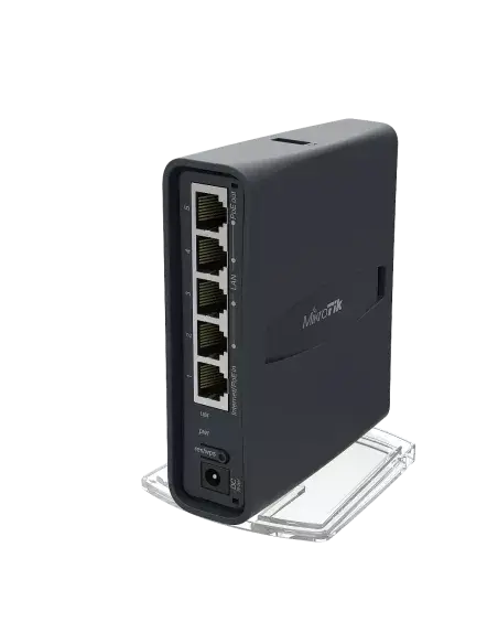 MikroTik hAP ac lite Tower Wi-Fi router with dual-band 2.4/5GHz capabilities in black color.