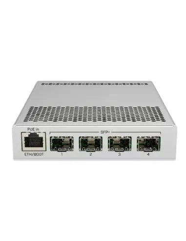 MikroTik CRS305 Cloud Router Switch featuring 1G and 4 S+IN ports, designed for dual boot with SwOS and RouterOS.