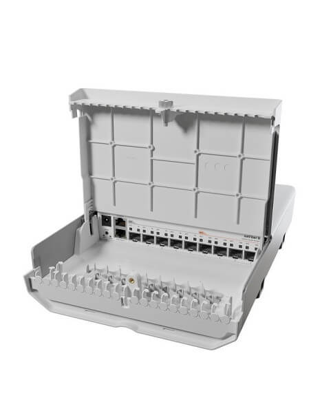 MikroTik netFiber 9 Outdoor Switch featuring 5 SFP ports, 4 SFP+ ports, and 1 Ethernet port.