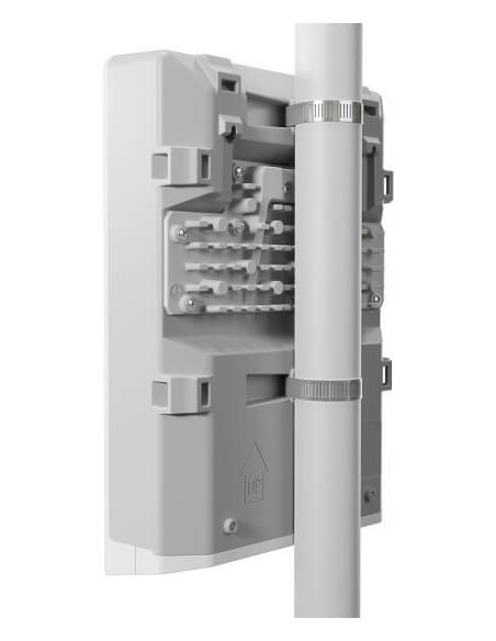 MikroTik netPower 16P outdoor switch featuring 16 Gigabit PoE-out ports and 2 SFP slots.