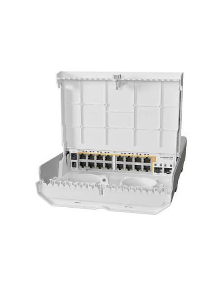 MikroTik netPower 16P outdoor switch featuring 16 Gigabit PoE-out ports and 2 SFP slots.