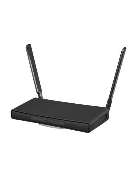 MikroTik hAP ax³ Wi-Fi 6 Desktop Router shown from the front, featuring dual band capabilities.