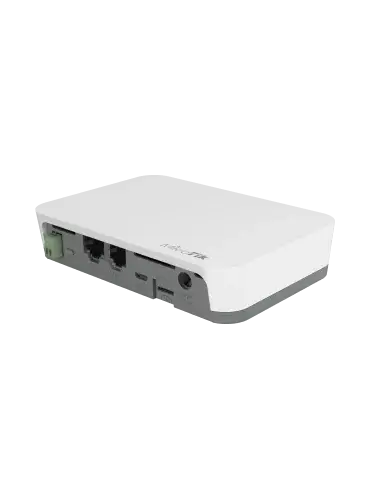 MikroTik IoT Gateway featuring 2.4 GHz, Bluetooth, and PoE support with dual 100 Mbps Ethernet ports.