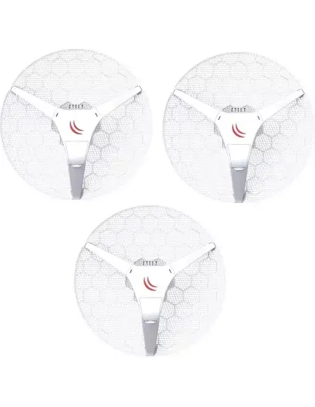 MikroTik LHG 5 - 5GHz Outdoor CPE, 3-Pack, showcasing three outdoor wireless devices designed for high-performance connectivity.