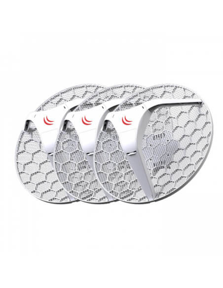 MikroTik LHG 5 5GHz Outdoor CPE 3-Pack, featuring three outdoor grid antennas designed for high-performance wireless connectivity.