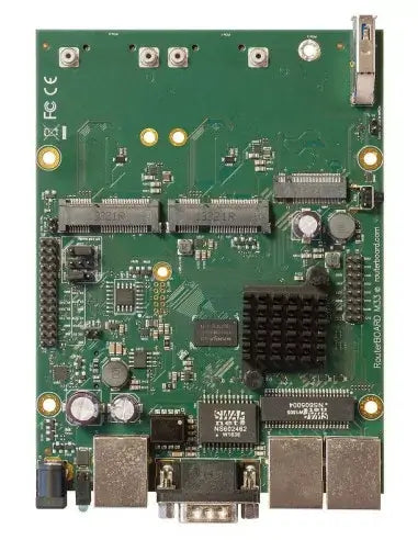 MikroTik RouterBOARD M33G featuring 3 Gigabit LAN ports, PoE support, and USB 3.0 connectivity.