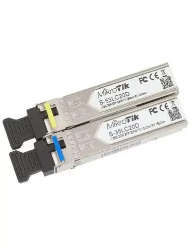 A pair of MikroTik bi-directional SFP modules designed for high-speed data transmission.