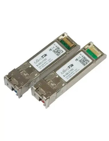 A pair of MikroTik bi-directional SFP+ modules designed for high-speed data transmission.