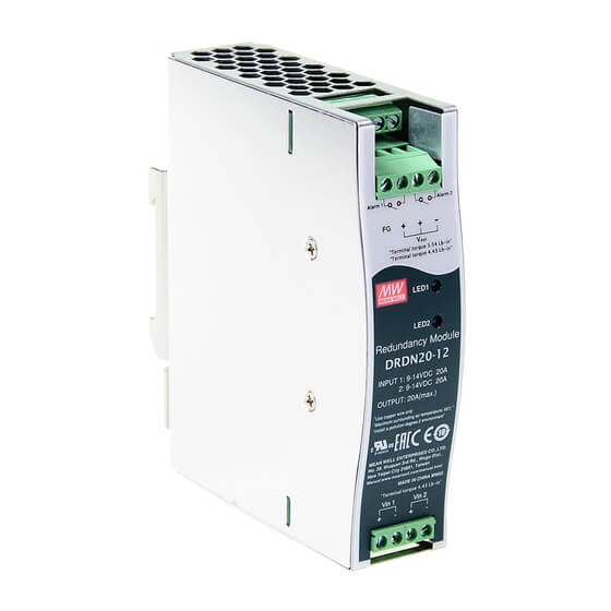 Mean Well 20A 24V Din Rail Redundancy Module image showing the power supply unit designed for redundancy applications.
