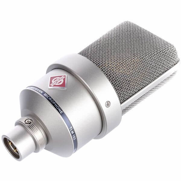 NEUMANN TLM 103 Mono Set, a large diaphragm condenser microphone featuring a cardioid polar pattern and elastic suspension, displayed in the image.