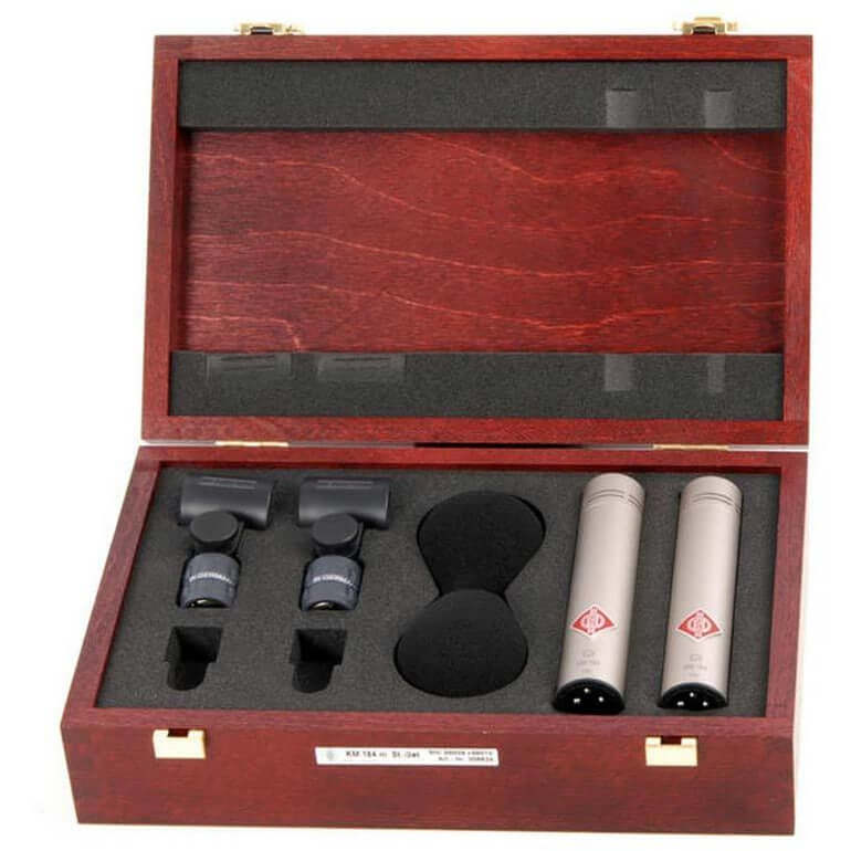 Neumann KM 185 Stereo Set in nickel finish, featuring miniature hypercardioid microphones and SG 21 stand swivel mount.