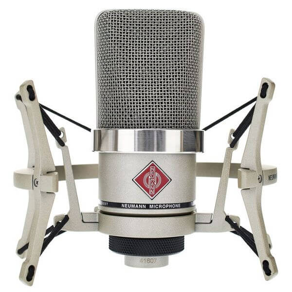 Neumann TLM 102 Studio Set large diaphragm microphone in nickel finish with cardioid pattern and elastic suspension.