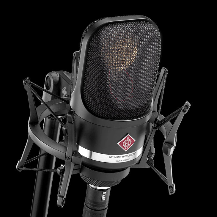 Neumann TLM 107 large diaphragm microphone with multipattern settings, accompanied by SG 2 swivel mount and presented in a wooden box.