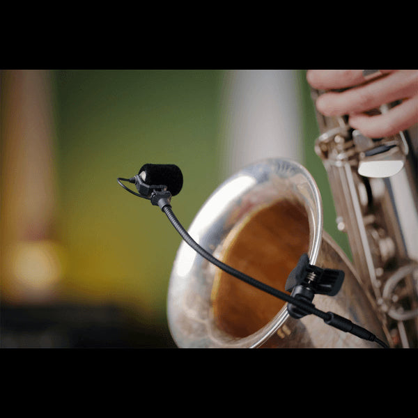Neumann MC 6 MCM Universal Clamp Clip for saxophone, showcasing a miniature clip mic system.