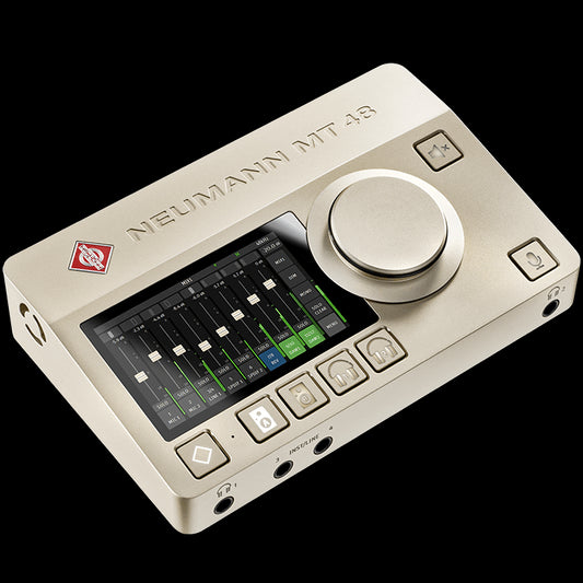 Neumann MT 48 EU Audio Interface with USB-A and USB-C data cables, displayed from a top left view on a white background.