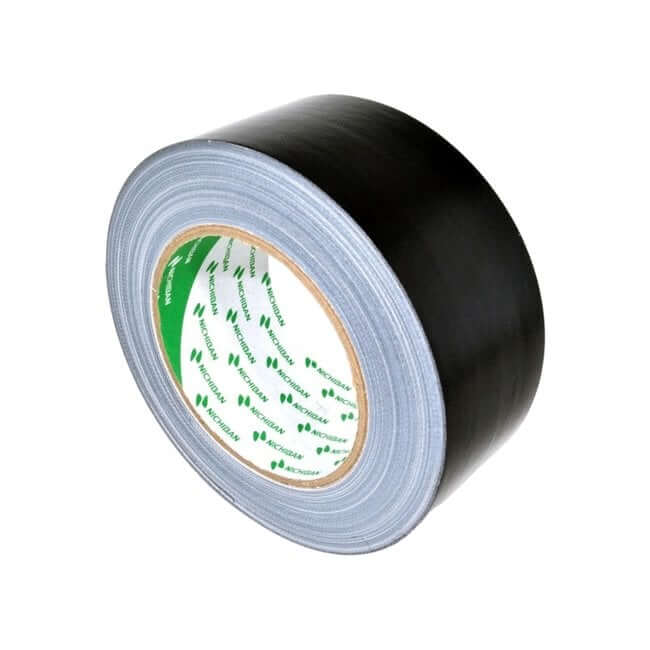 Nichiban 1200 Gaffer Tape in black, measuring 50mm by 25m, displayed on a pallet, showcasing its strong, waterproof, and residue-free features.