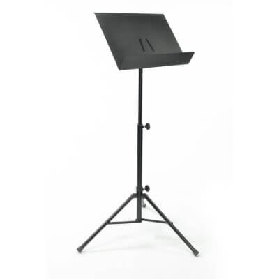 Adjustable tripod music sheet stand with aluminum top, designed for musicians.